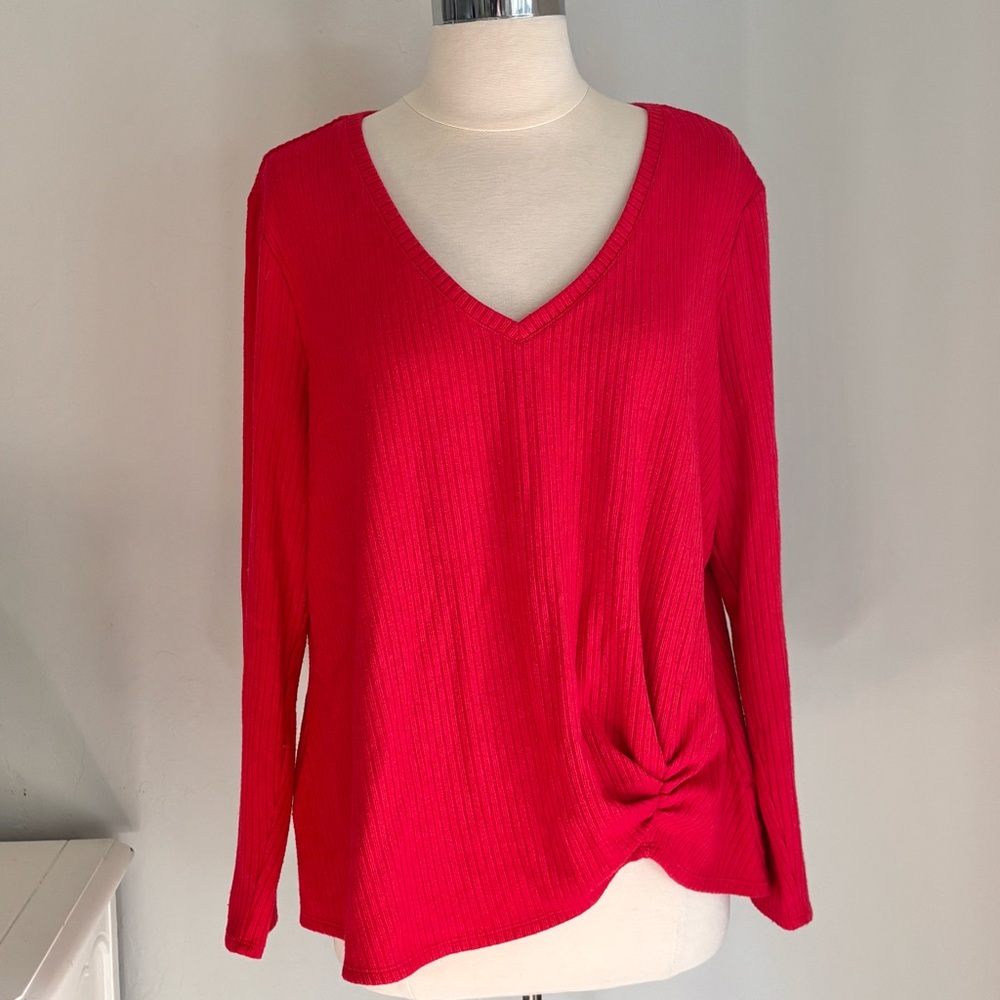 Nic + Zoe Ribbed Vneck Long Sleeve Twist Front Top Vibrant Red, Size XL